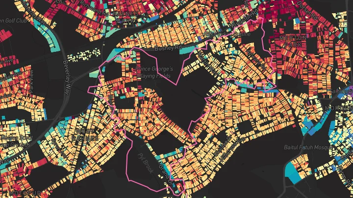 House price heatmap showing property values across Raynes Park