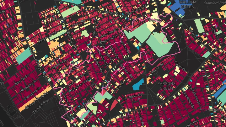 House price heatmap showing property values across Parsons Green
