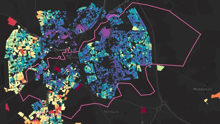 House price heatmap showing property values across Oswestry