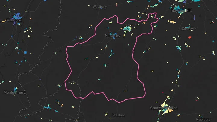 House price heatmap showing property values across Minsterley