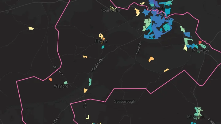 House price heatmap showing property values across Crewkerne