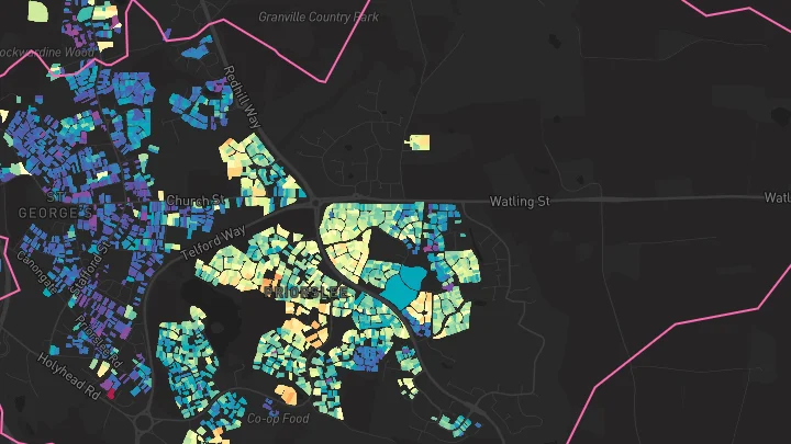 House price heatmap showing property values across Priorslee