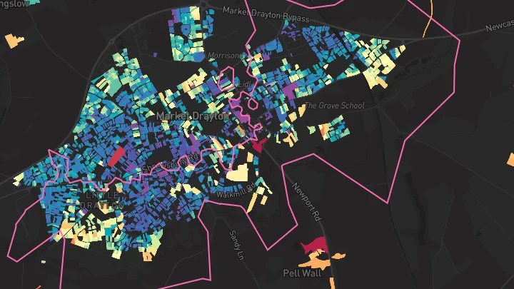 House price heatmap showing property values across Market Drayton