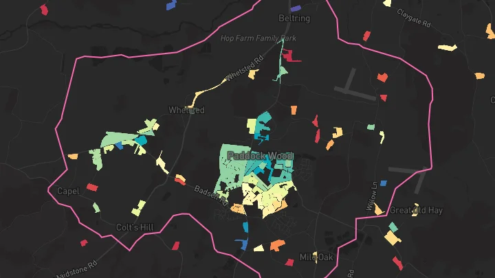 House price heatmap showing property values across Paddock Wood