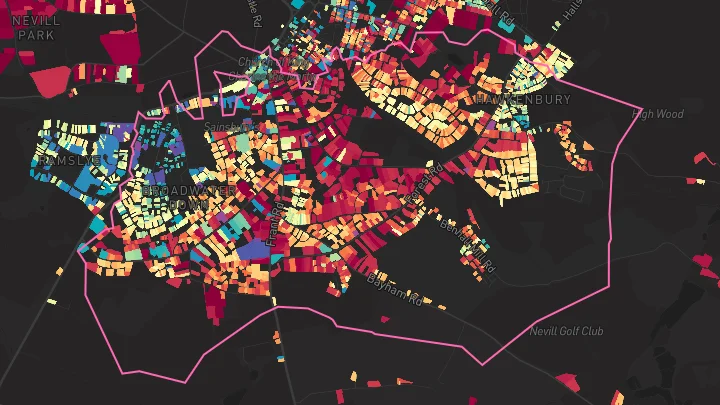 House price heatmap showing property values across Tunbridge Wells