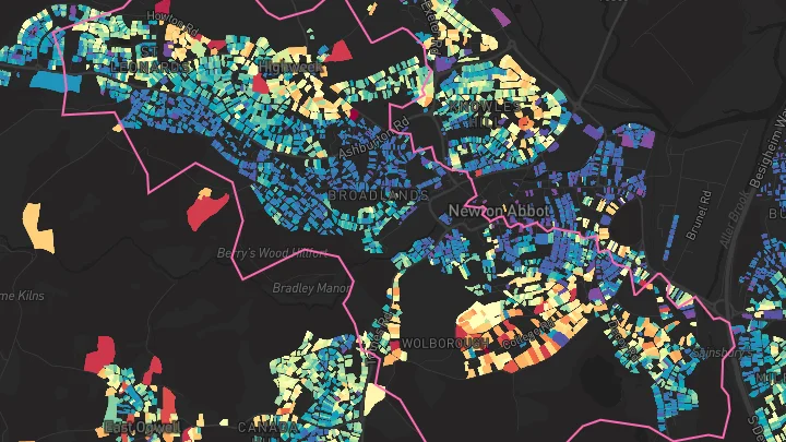 House price heatmap showing property values across Newton Abbot