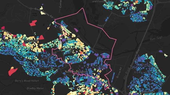 House price heatmap showing property values across Newton Abbot