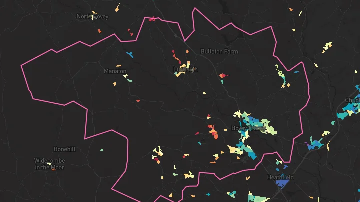 House price heatmap showing property values across Bovey Tracey