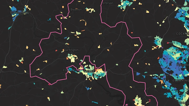 House price heatmap showing property values across Dartington