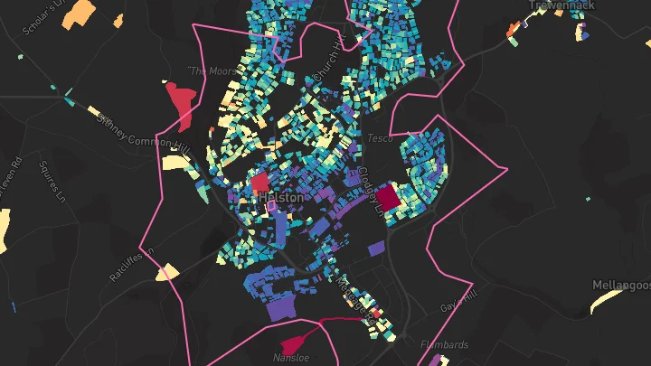 House price heatmap showing property values across Helston