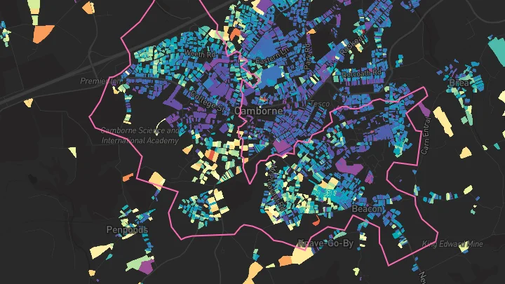 House price heatmap showing property values across Camborne