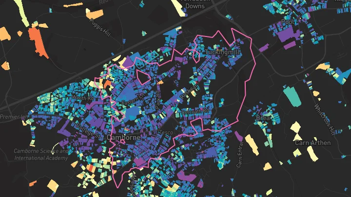 House price heatmap showing property values across Camborne