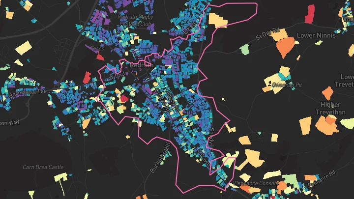 House price heatmap showing property values across Redruth