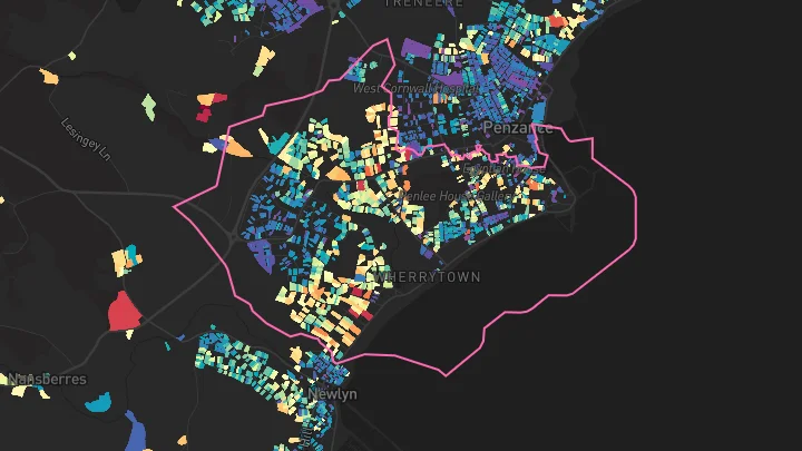 House price heatmap showing property values across Penzance