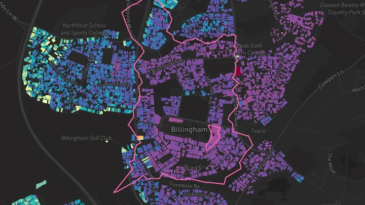 House price heatmap showing property values across Billingham