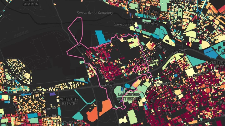 House price heatmap showing property values across Latimer Road