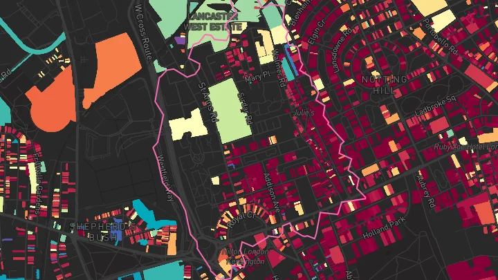 House price heatmap showing property values across Latimer Road