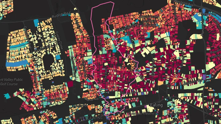 House price heatmap showing property values across West Ealing