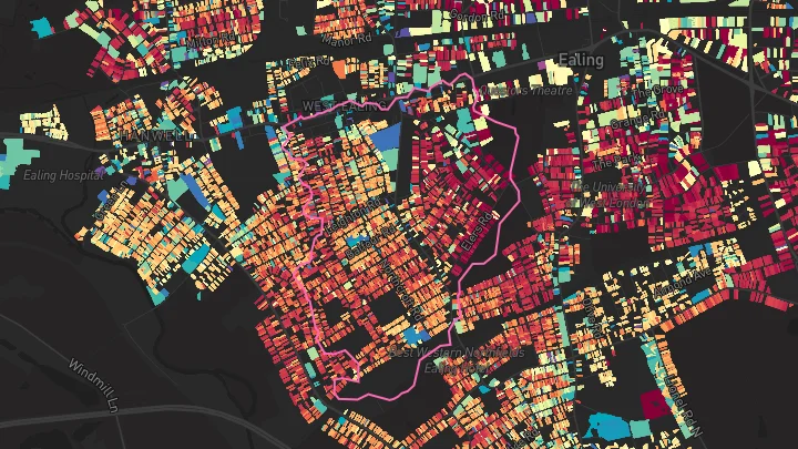 House price heatmap showing property values across West Ealing