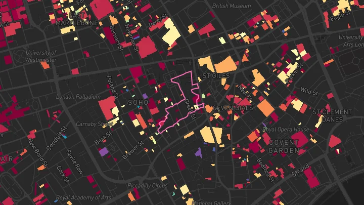 House price heatmap showing property values across Tottenham Court Road