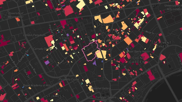 House price heatmap showing property values across Leicester Square