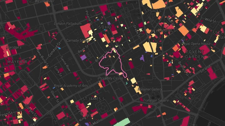 House price heatmap showing property values across Piccadilly Circus