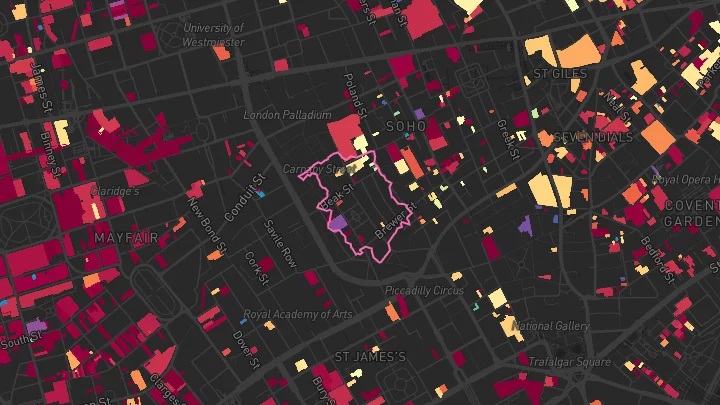 House price heatmap showing property values across Piccadilly Circus