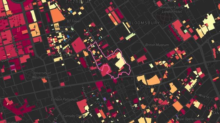 House price heatmap showing property values across Goodge Street