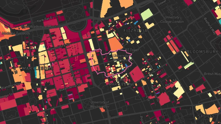 House price heatmap showing property values across Great Portland Street