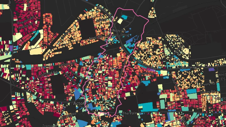 House price heatmap showing property values across Acton Main Line