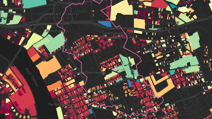 House price heatmap showing property values across Barons Court
