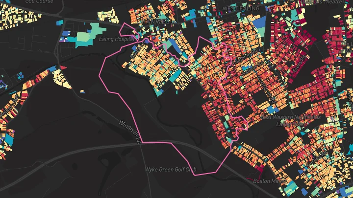 House price heatmap showing property values across Hanwell