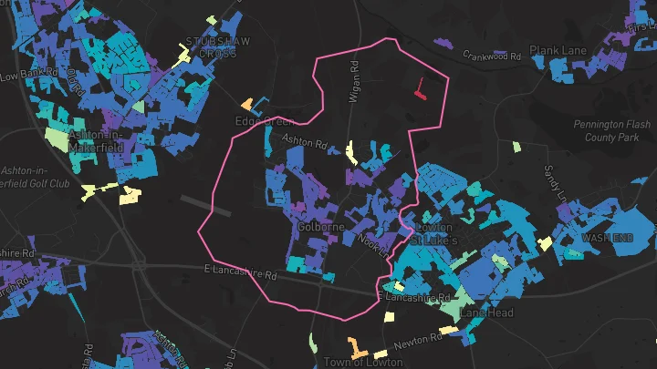 House price heatmap showing property values across Golborne
