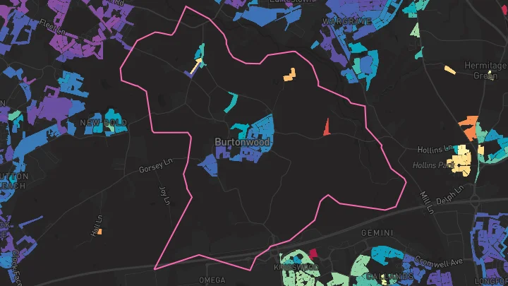 House price heatmap showing property values across Burtonwood