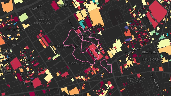 House price heatmap showing property values across Russell Square