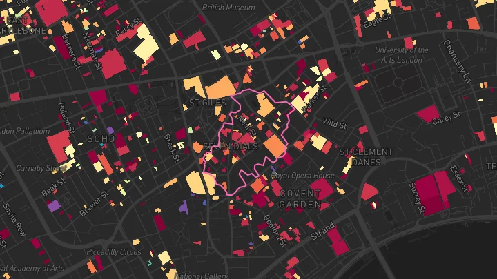 House price heatmap showing property values across Covent Garden