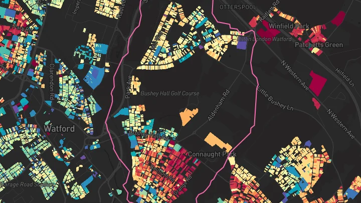 House price heatmap showing property values across Bushey