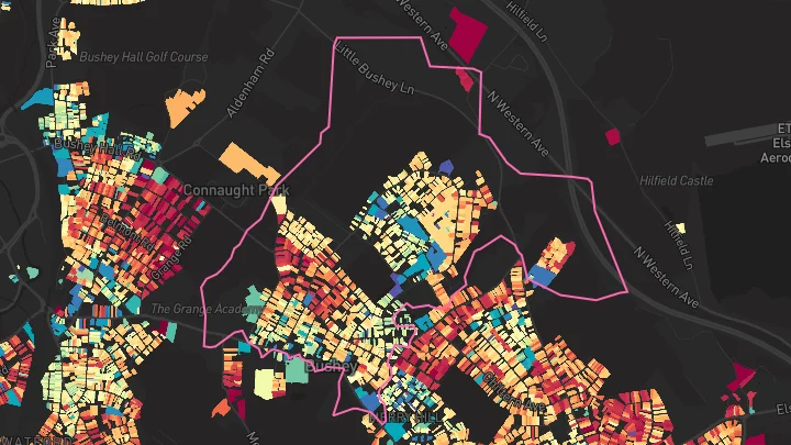 House price heatmap showing property values across Bushey