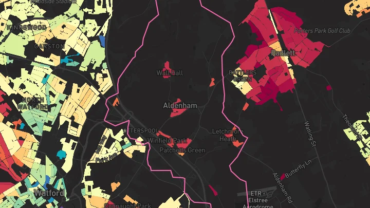 House price heatmap showing property values across Aldenham