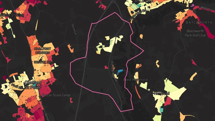 House price heatmap showing property values across Maple Cross