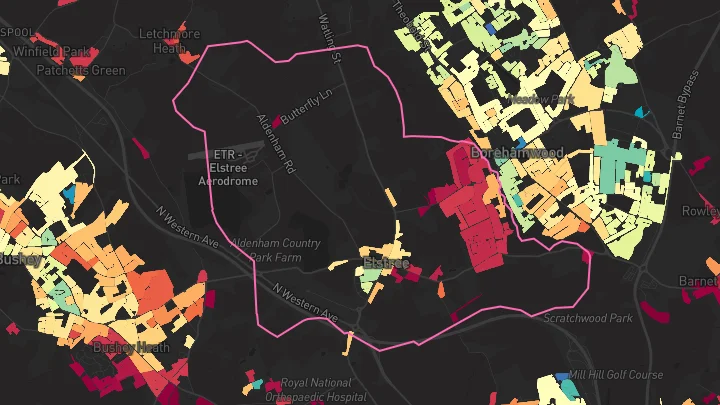 House price heatmap showing property values across Elstree