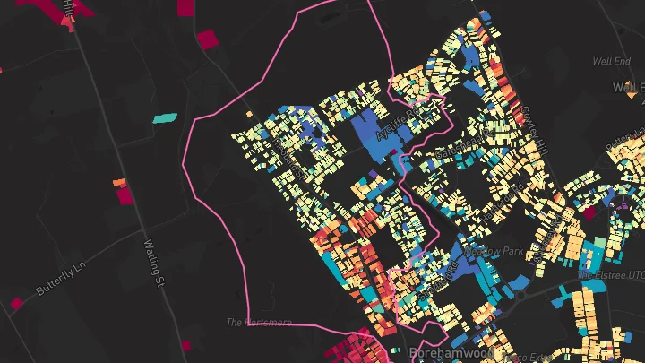 House price heatmap showing property values across Borehamwood