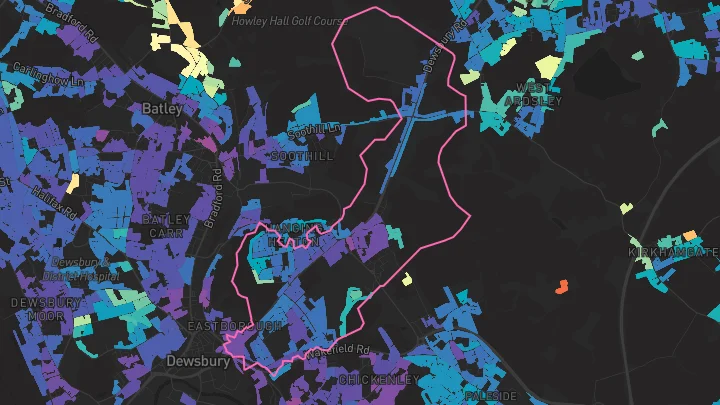 House price heatmap showing property values across Dewsbury