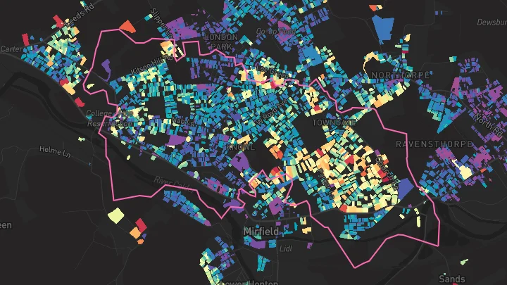 House price heatmap showing property values across Mirfield