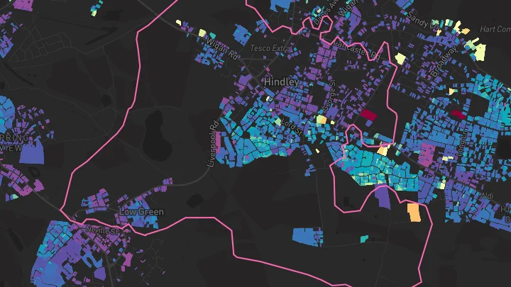 House price heatmap showing property values across Hindley