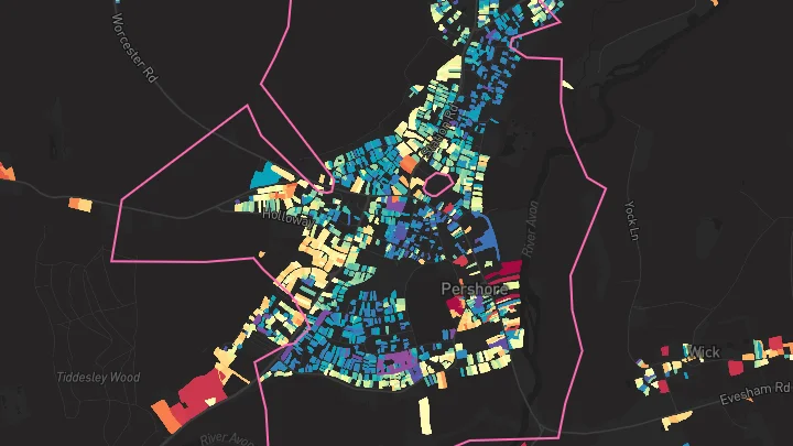 House price heatmap showing property values across Pershore