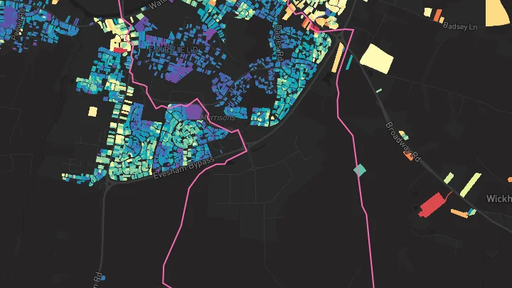 House price heatmap showing property values across Evesham