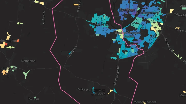 House price heatmap showing property values across Evesham