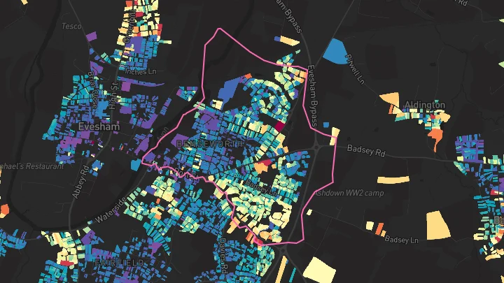 House price heatmap showing property values across Evesham