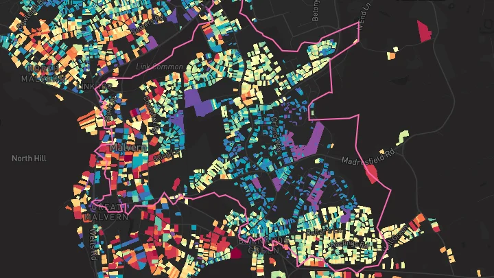 House price heatmap showing property values across Malvern